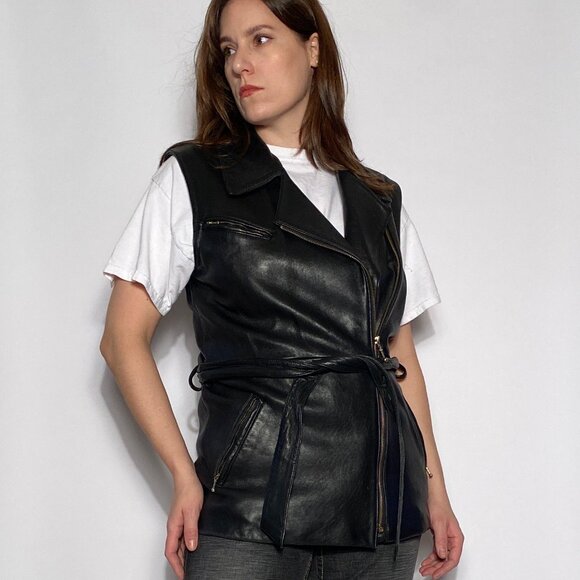 Vintage 1990s REAL LEATHER Long Tunic Motorcycle Biker Zip Up Vest! Medium - Picture 8 of 8